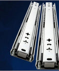 Heavy Duty Full Extension Ball Bearing Drawer Slides Zinc Plated Steel Cabinet Runners, close-up view showing rails and bearings.