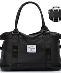 Black versatile travel gym bag for women with wet pocket, carry on duffle tote luggage for gym weekender and overnight trips, front view.