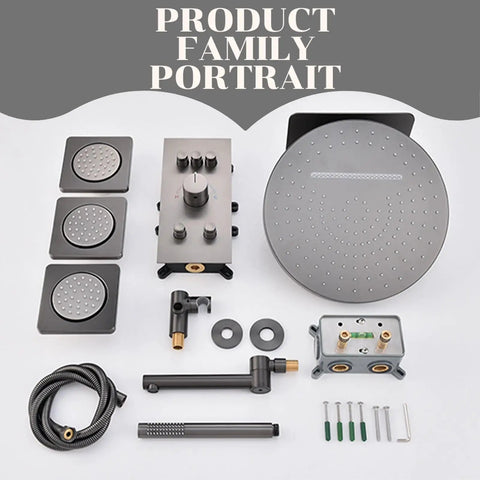 CUTPOIY Gray Shower System with Handheld Wall-Mounted Shower Faucet Set components, including showerheads and valves.