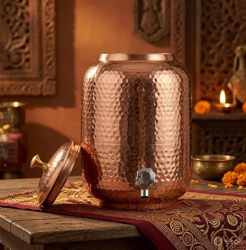 Pure Copper Water Dispenser Pot Hand Hammered 4 Liter for home kitchen with lid on decorative table