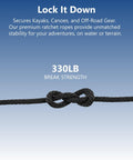 Close-up of black braided rope tied in knot, highlighting strength for One Eighth Inch Rope Tie Down Ratchet Set Four Pack Adjustable Grow Light Hangers