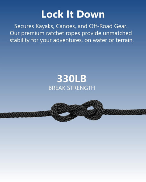 Close-up of black braided rope tied in knot, highlighting strength for One Eighth Inch Rope Tie Down Ratchet Set Four Pack Adjustable Grow Light Hangers
