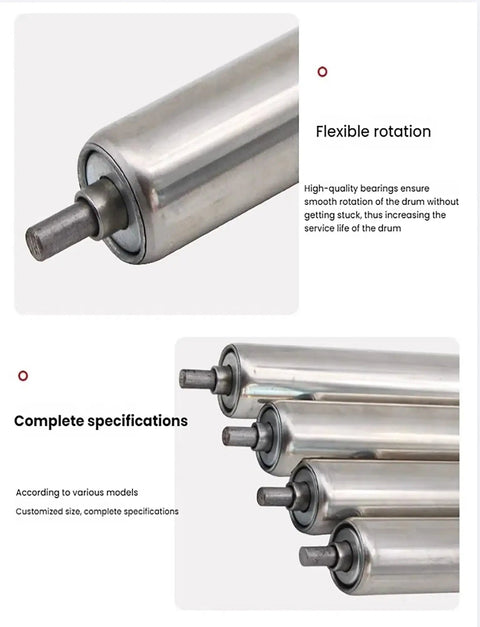 Heavy Duty Stainless Steel Unpowered Roller Conveyor 38mm showing flexible roller with bearings for smooth operation.