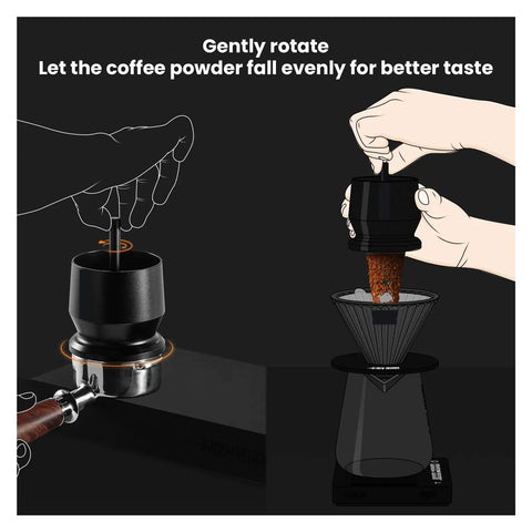 User gently rotates Three Piece Sleek Espresso Powder Receiver Cup And Dosing Funnel Fits 51 54 58Mm Portafilters for even coffee distribution.