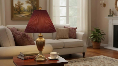 Rich Red Empire Pleated Spider Lamp Shade with Brass Fitter on vintage-style lamp in cozy living room setting