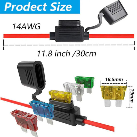 14 Gauge Inline Fuse Holder Kit 12V DC ATC and ATO Blade Fuse Holders With 60 Standard Car Fuses, 14 AWG, 11.8 inch length