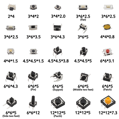 Assorted switches from 125 Piece Tactile Switch Kit With 25 Value Micro Momentary Push Button Switches For SMD And DIP Use