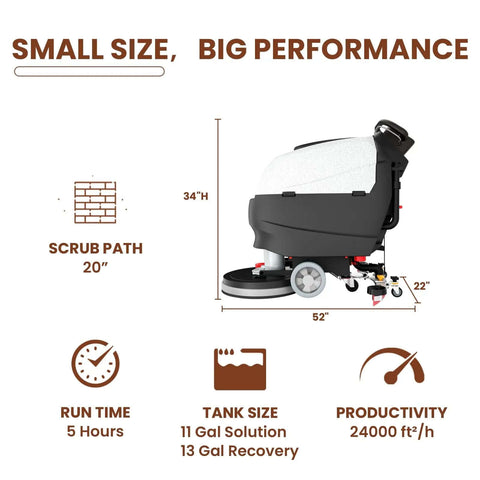 Side view of 20 Inch Walk Behind Floor Scrubber With Brush And Lithium Battery, 5 Hour Run Time, 13 Gallon Capacity, 24,000 Sq Ft Per Hour, Complete Parts Kit, Compact And Lightweight, Easy To Use Commercial Hard Floor Cleaning Machine