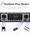 7 Inch Bluetooth Car Stereo Receiver With FM Radio, USB SD AUX Playback, graphic showing input options and player display.