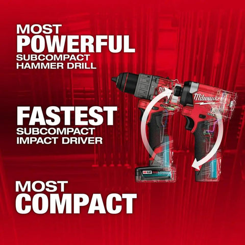 M12 FUEL 12-Volt Cordless Hammer Drill And Impact Driver Combo Kit showcased with subcompact design highlights