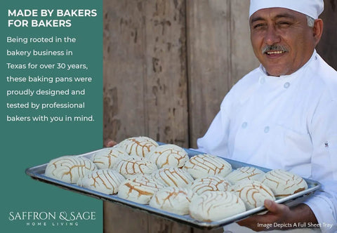 Baker holding a full sheet tray with baked goods, showcasing Saffron & Sage bakeware, with text explaining the brand's roots and quality focus.