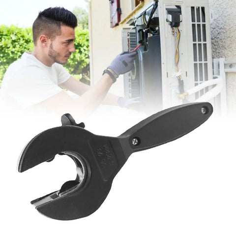 Copper Pipe Cutter Ratchet Tubing Cutter made from steel for Plumbing HVAC and auto repairs; tool image with technician in background