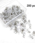 200 Piece Heavy Duty Transparent Plastic Spiral Bed Skirt Pins And Furniture Fabric Holders With Killer Grip And No Fuss Setup For Upholstery Jobs And Total Home Refresh Vibe in clear storage box.