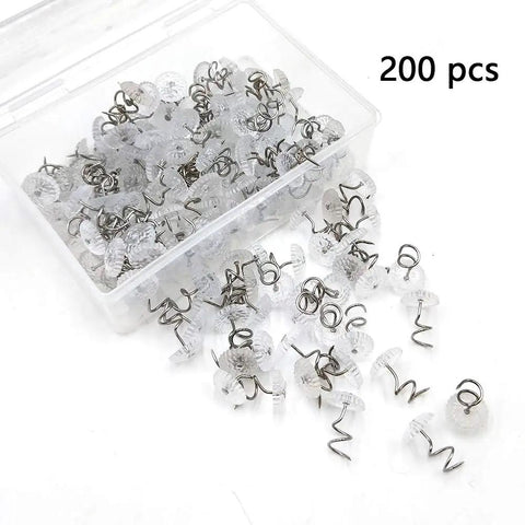 200 Piece Heavy Duty Transparent Plastic Spiral Bed Skirt Pins And Furniture Fabric Holders With Killer Grip And No Fuss Setup For Upholstery Jobs And Total Home Refresh Vibe in clear storage box.