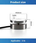 Compact 58Mm Bellows Style Load Cell Sensor For Tension And Compression Testing, 0.2 Percent Accuracy, 0 to 200 Kg Range, Force And Weight Sensor For Scales, Diaphragm Design, Easy Install, Dialed In Readings. Product size diagram: 58mm x 30mm steel load cell with 3xM4 holes
