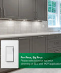 Sleek White Companion Dimmer Switch Designed For No Sweat Multi Location Wiring And Flawless Pairing With Sunnata Pro LED Plus Controllers Chill Smooth Dimming Easy Retrofit Fix installed in modern kitchen cabinets.