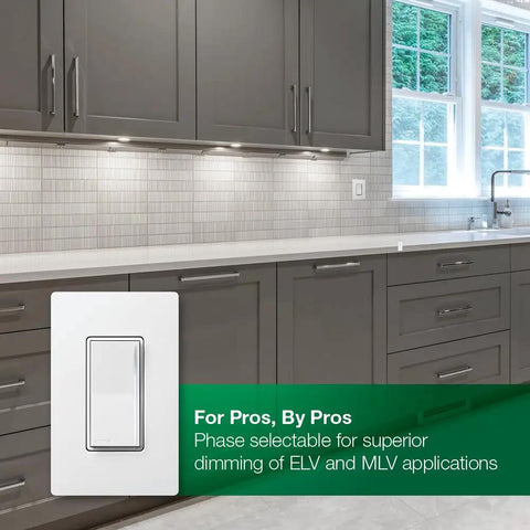 Sleek White Companion Dimmer Switch Designed For No Sweat Multi Location Wiring And Flawless Pairing With Sunnata Pro LED Plus Controllers Chill Smooth Dimming Easy Retrofit Fix installed in modern kitchen cabinets.