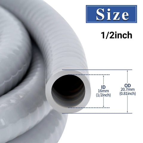 No Brainer Half Inch Liquid Tight Conduit And Connector Kit 150 Ft Flexible Non Metallic Electrical Tubing, showing size dimensions.