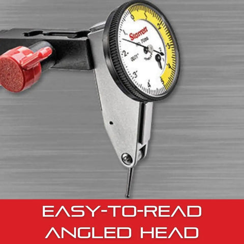 Dial Test Indicator With Dovetail Mounts And Case For Pro Grade Precision Black Face 0 To 0.010 Inch Range 0.0001 Inch Graduation Anti Backlash Gear One Hand Fine Adjustment with easy-to-read angled head.