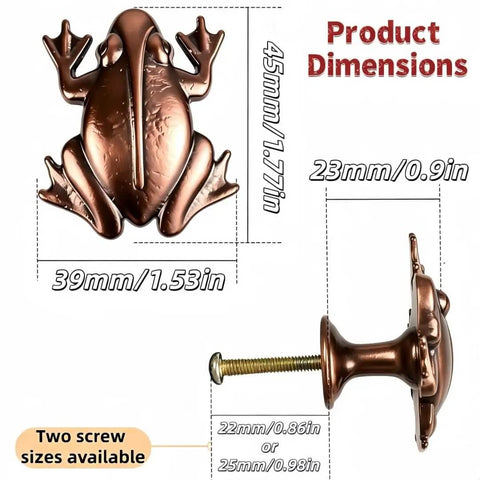 Frog Cabinet Knobs Set Of 4 In Antique Red Bronze, whimsical zinc alloy drawer pulls shown from front and side with dimensions
