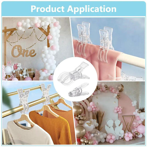 Large Transparent Balloon Clips Plastic Spring Clamps For Birthday Party Backdrop Decoration Craft Woodworking Photography Studio Reusable Strong Hold Garlands And More shown holding fabric and balloon decor