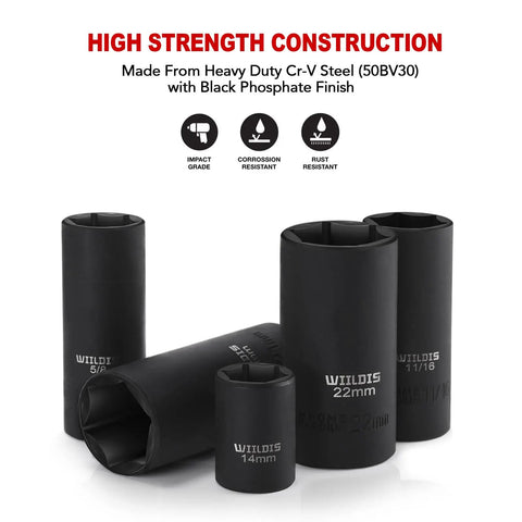 High strength CR-V steel sockets from Three Eighths Inch Drive Impact Socket Set, 48 Piece SAE and Metric 6 Point CrV Steel Mechanic Kit
