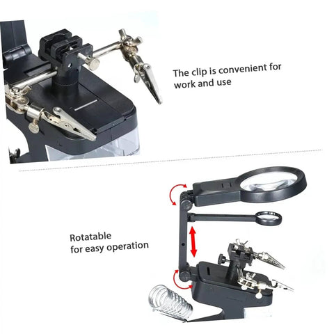 Rechargeable USB Welding Clip Light With Magnifier For Soldering And Repair On The Workbench, showing adjustable clip and magnifier