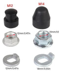 Two Set E Bike Hub Motor Axle Lock Nut Kit With Washer Spacer And Cover For M12 And M14 Shafts shown with measurements