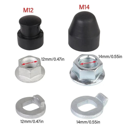 Two Set E Bike Hub Motor Axle Lock Nut Kit With Washer Spacer And Cover For M12 And M14 Shafts shown with measurements