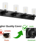 Farmhouse Four Light Matte Black Vanity Light Fixture With Clear Glass Shades For Bathroom Ceiling 33.9 Inch Long Aluminum