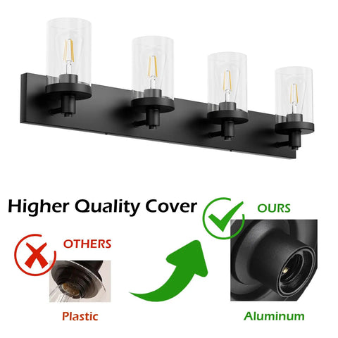 Farmhouse Four Light Matte Black Vanity Light Fixture With Clear Glass Shades For Bathroom Ceiling 33.9 Inch Long Aluminum