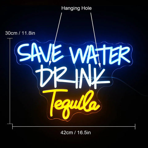 LED neon sign reading 'Save Water Drink Tequila', blue and yellow, 42x30cm, with hanging hole, illuminated against black background.