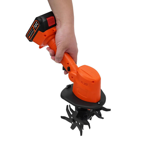 Cordless Mini Tiller With Five 1500mAh Batteries And Fast Charger, 235RPM Handheld Cultivator in hand, displaying orange design