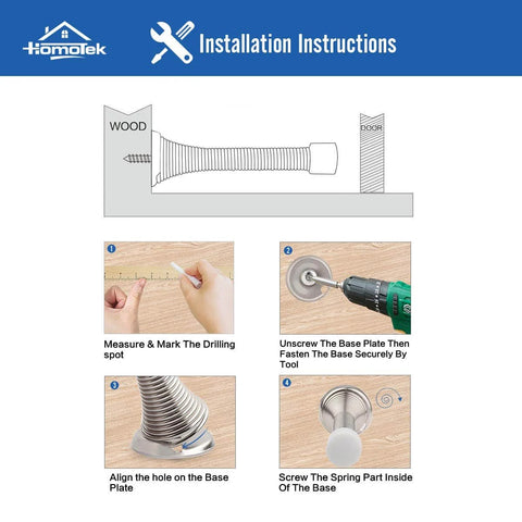 Installation instructions for 12 Pack Black Spring Door Stops, 3-1/8" Heavy Duty - Flexible Door Stopper with Low Mounted Black Rubber Bumper Tips