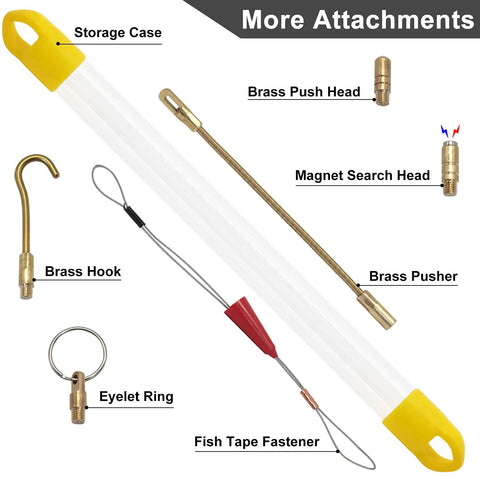 11 Foot Fiberglass Fish Tape Kit For Electrical Wiring Includes 5 Attachments And Carrying Case Easy Glide Low Friction Pulling Tape Durable Pro Grade Tool Set with labeled attachments