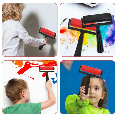 Child using the 3 Piece Manual Stamping Ink Roller Kit Featuring A Super Silky Smooth Cylinder And Rugged Red Plastic Handle.
