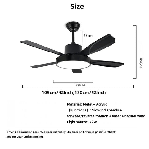 YPDJVLTI Ceiling Fans Lights 42-52Inch Ceiling Lamp showing size dimensions, metal body, acrylic shade and fan blade design.