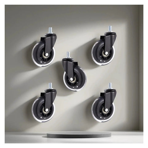 Caster Wheels 3 Inch PU Roller Set With M6 M8 M10 Screw Mounts 5 Piece Replacement Kit For Quiet Easy Install On Furniture Scooters Stage Equipment And Industrial Carts
