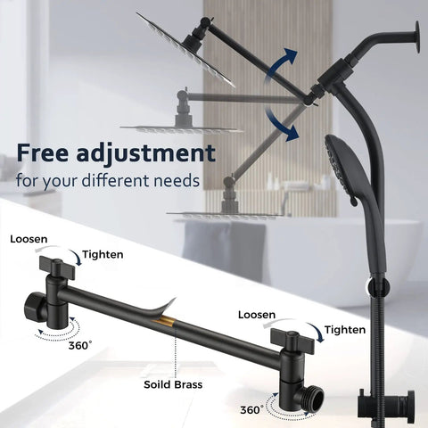 Rainfall 8 Inch Shower Head With High Pressure Handheld Spray, adjustable extension arm, solid brass, matte black finish