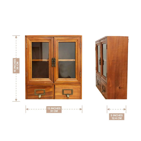 Wood Storage Cabinet With Clear Display Door Wall Shelf 12x14x5 Inches showing front and side view with bi-level shelves and drawers.