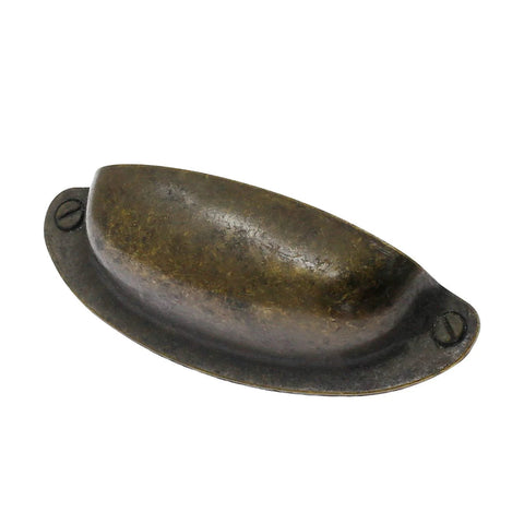 A single flat bronze vintage farmhouse cup pull handle for cabinets, part of an 8 Pack 3.5 Inch Center set with screws included.