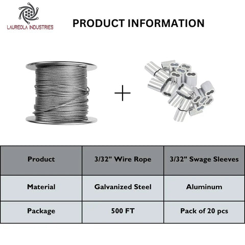 Heavy Duty 3/32 Inch 7x7 Wire Rope Kit With 500 Foot Galvanized Steel Cable And 20 Aluminum Crimp Loop Sleeves, Ideal For Outdoor Rigging Fencing Lifting DIY Projects And Quick Cable Setup, product information sheet with wire rope spool and crimp sleeves