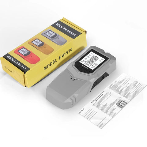 Wall Stud Finder Depth Recognition LCD Display Audio Alarm with gray design, model HW-910, box, and manual displayed.