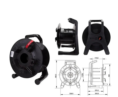 Rock Solid Polymer Cable Reel For Optical Fiber Management Heavy Duty Portable Spool displayed at various angles with measurements.