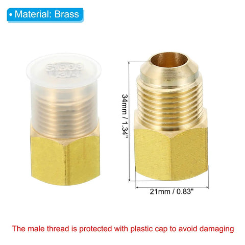 Beefy Brass Flare Fitting Three Eighths Inch Female to One Half Inch Male SAE 45 Degree Flare Adapter with dimensions 34mm by 21mm