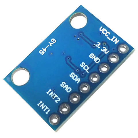 Triaxial Accelerometer Module for 3D Motion Tracking With I2C Interface Dope Precision And Crisp 12 Bit Resolution Perfect For Activity Analysis Orientation Vibration Sensing Wearables And Robotics Projects blue PCB with pin labels