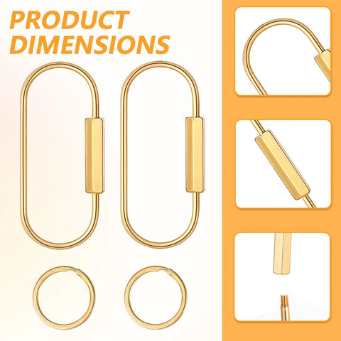 16 Piece Locking Brass Carabiner Key Ring Set With Screw Lock Clips Gold Finish Keychains For Men And Women shown in dimensions
