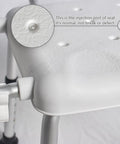Close-up of injection port on shower chair for seniors with wide seat and easy assembly, adjustable height, non slip bath stool, aluminum frame.