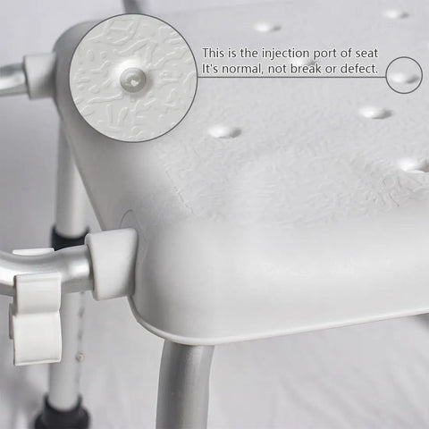 Close-up of injection port on shower chair for seniors with wide seat and easy assembly, adjustable height, non slip bath stool, aluminum frame.