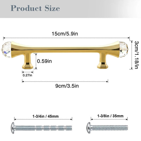 Gold Crystal Dresser Drawer Pulls Four Pack With Screws Three And Three Quarter Inch Hole Center, size dimensions diagram